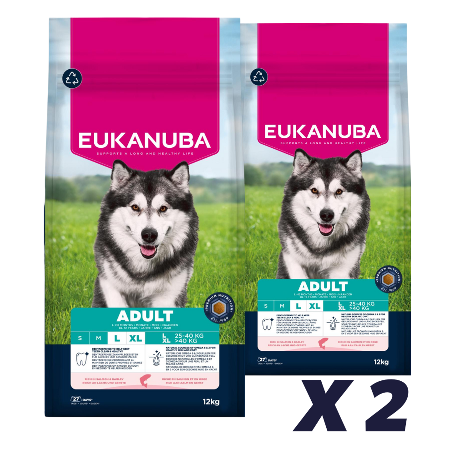 2 x EUKANUBA Adult Large Breed laks & byg - 12 kg - Hundefoder