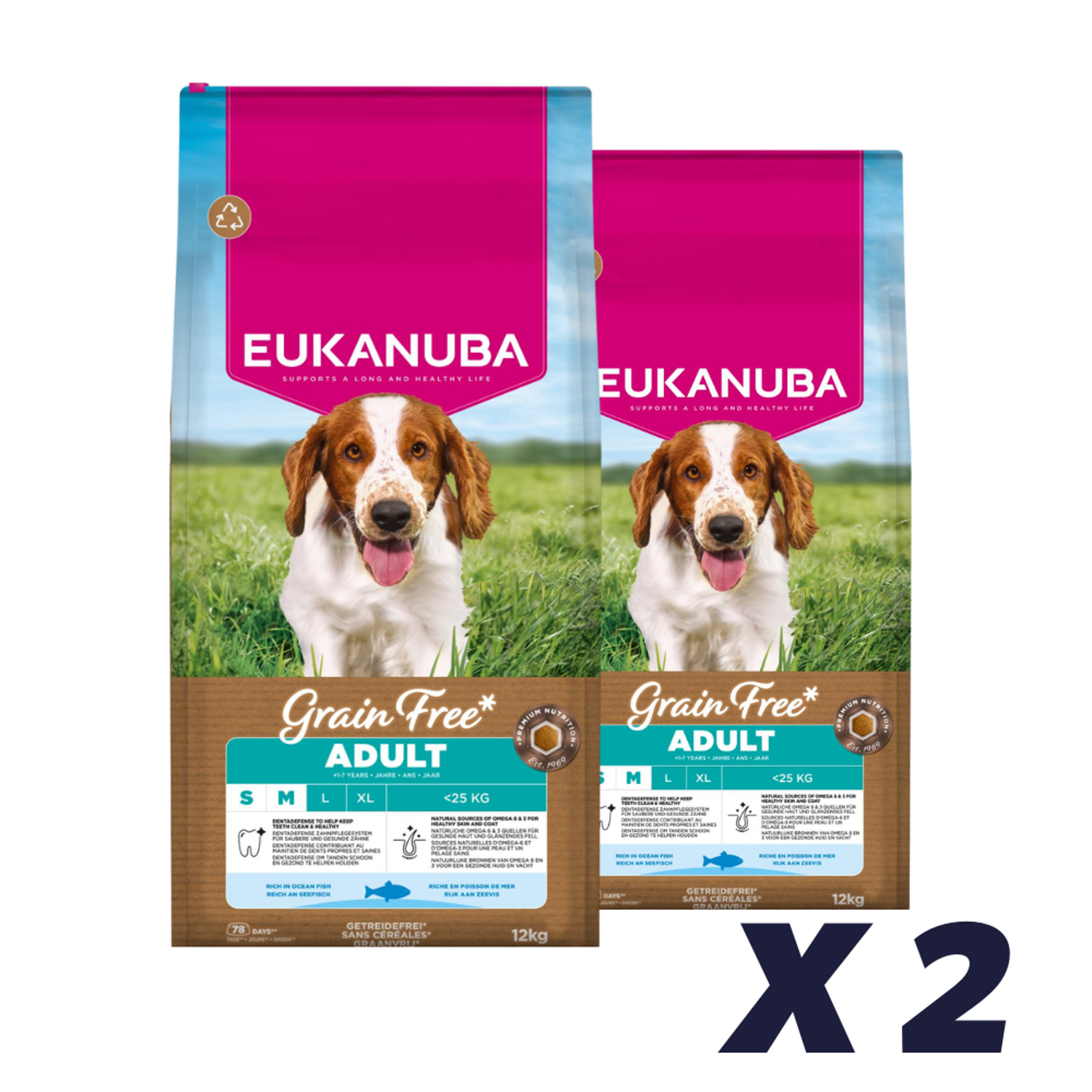2 x EUKANUBA Adult Small/Medium Grainfree havfisk 3 kg / 12 kg - 12 kg - Hundefoder