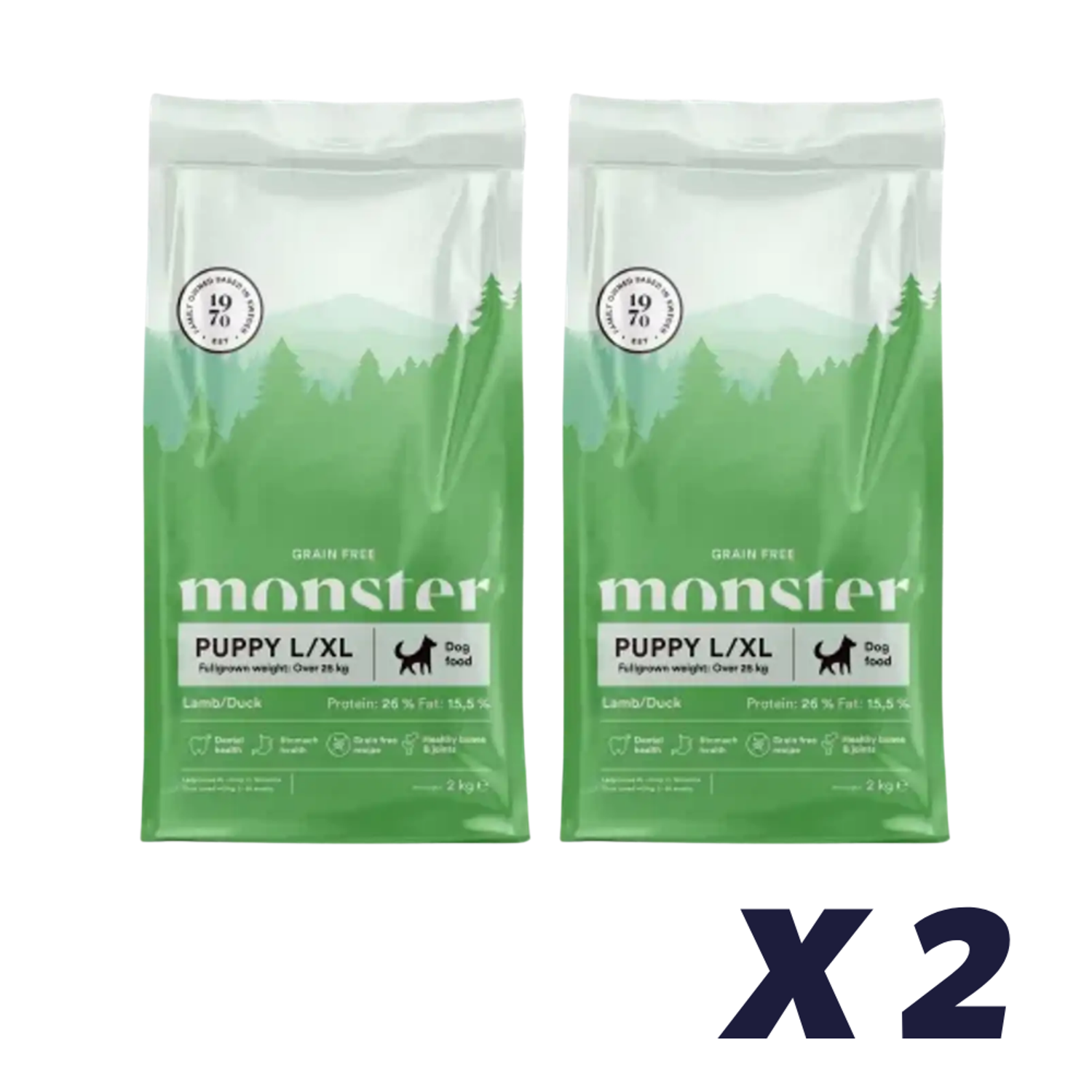 2 x Monster Dog Kornfri Puppy L/XL Lam/And - 12 kg - Hundefoder